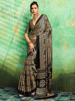 Akhilam - Women's Satin Black Printed Party Wear Saree With Unstitched Blouse