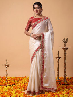 Akhilam - Women's Tissue White Embroidered Party Wear Saree With Unstitched Blouse