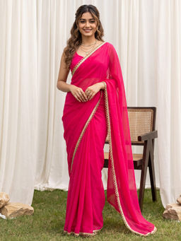 Akhilam - Women's Georgette Pink Solid Party Wear Saree With Unstitched Blouse