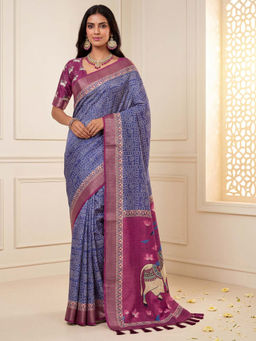 Akhilam - Women's Silk Blend Blue Digital Print Bandhani Saree with Unstitched Blouse