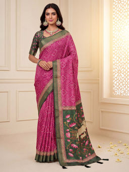 Akhilam - Women's Silk Blend Pink Digital Print Bandhani Saree with Unstitched Blouse