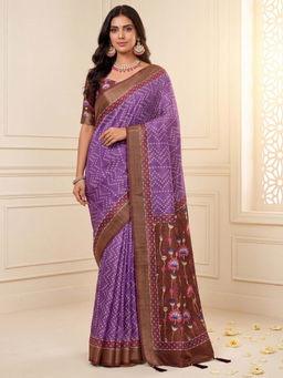 Akhilam - Women's Silk Blend Lavender Digital Print Bandhani Saree with Unstitched Blouse