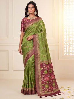 Akhilam - Silk Blend Light Green Digital Print Bandhani Saree with Unstitched Blouse