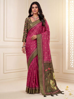 Akhilam - Women's Silk Blend Pink Digital Print Bandhani Saree with Unstitched Blouse