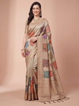 Akhilam - Women's Cotton Silk Beige Digital Print Tussar Saree with Unstitched Blouse