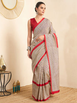 Akhilam - Women's Bhagalpuri Silk Cream Printed Ready to Wear Party Wear Saree with Unstitched Blouse