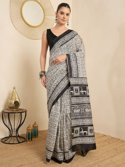 Akhilam - Women's Bhagalpuri Silk Black Printed Ready to Wear Party Wear Saree with Unstitched Blouse
