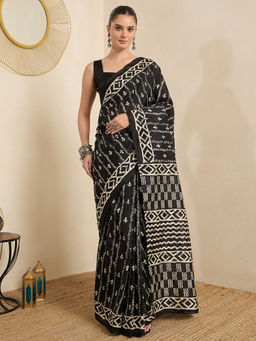 Akhilam - Women's Bhagalpuri Silk Black Printed Ready to Wear Party Wear Saree with Unstitched Blouse