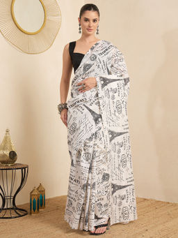Akhilam - Women's Bhagalpuri Silk White Printed Ready to Wear Party Wear Saree with Unstitched Blouse