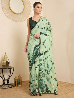 Akhilam - Women's Silk Blend Green Printed Ready to Wear Party Wear Saree with Unstitched Blouse