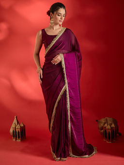Akhilam - Women's Satin Wine Embellished Ready To Wear Aree with Blouse Piece