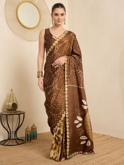 Akhilam - Women's Crepe Brown Printed Ready to Wear Party Wear Saree with Unstitched Blouse