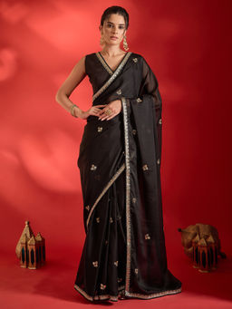 Akhilam - Women's Georgette Black Embellished Ready to Wear Party Wear Saree with Unstitched Blouse