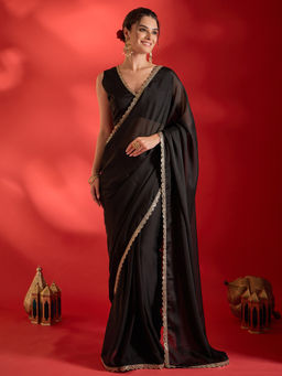 Akhilam - Pure Georgette Black Embellished Ready to Wear Party Wear Saree with Unstitched Blouse