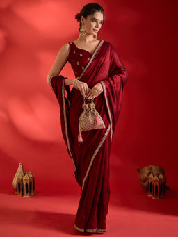 Akhilam - Vichitra Silk Maroon Embellished Ready to Wear Party Wear Saree with Unstitched Blouse