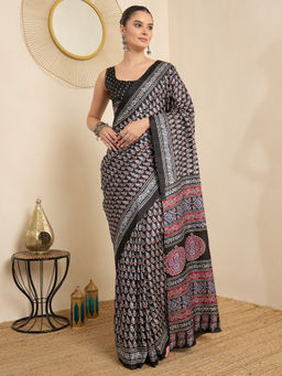 Akhilam - Women's Dola Silk Black Printed Ready to Wear Block Print Saree with Unstitched Blouse