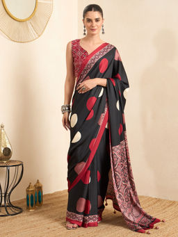 Akhilam - Women's Crepe Black Printed Ready to Wear Block Print Saree with Unstitched Blouse