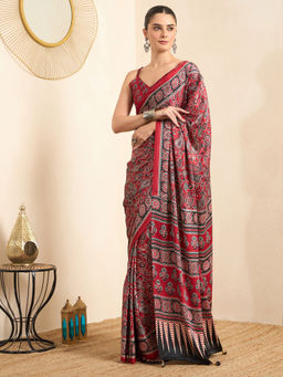 Akhilam - Women's Crepe Maroon Printed Ready to Wear Block Print Saree with Unstitched Blouse