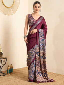 Akhilam - Women's Crepe Wine Printed Ready to Wear Block Print Saree with Unstitched Blouse