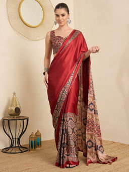 Akhilam - Women's Crepe Maroon Printed Block Print Saree with Unstitched Blouse