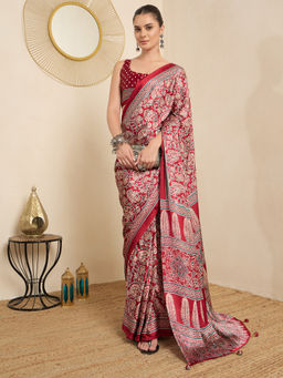 Akhilam - Women's Pure Crepe Red Printed Ready to Wear Block Print Saree with Unstitched Blouse