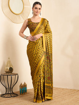 Akhilam - Women's Pure Crepe Mustard Printed Ready to Wear Party Wear Saree with Unstitched Blouse