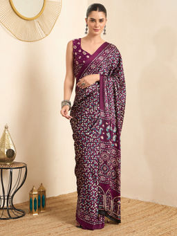 Akhilam - Women's Pure Crepe Magenta Printed Ready to Wear Block Print Saree with Unstitched Blouse