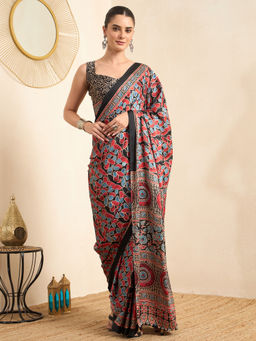 Akhilam - Women's Pure Crepe Black Printed Ready to Wear Block Print Saree with Unstitched Blouse