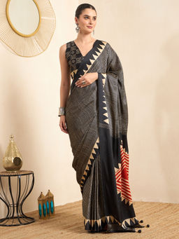 Akhilam - Women's Pure Crepe Black Printed Ready to Wear Party Wear Saree with Unstitched Blouse
