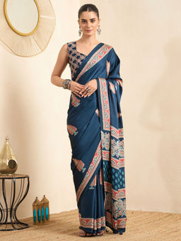 Akhilam - Women's Pure Crepe Teal Printed Ready to Wear Party Wear Saree with Unstitched Blouse