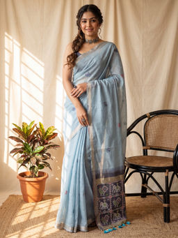 Akhilam - Women's Cotton Light Blue Printed Patola Saree With Unstitched Blouse