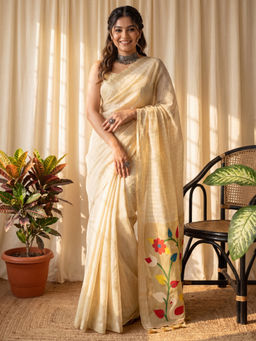 Akhilam - Women's Muga Silk Cream Printed Banarasi Saree With Unstitched Blouse