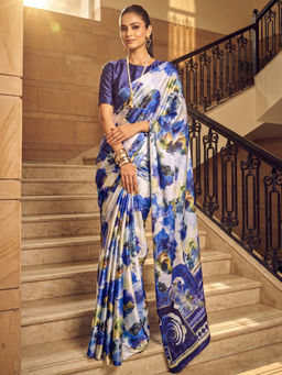 Akhilam - Women's Satin Silk Off White Printed Party Wear Saree With Unstitched Blouse
