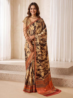 Akhilam - Women Crepe Beige Printed Party Wear Saree With Unstitched Blouse