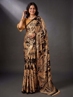 Akhilam - Women's Crepe Beige Printed Party Wear Saree With Unstitched Blouse