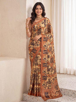 Akhilam - Crepe Beige Printed Party Wear Saree With Unstitched Blouse