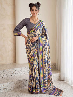 Akhilam - Women's Crepe Beige Printed Ikat Saree With Unstitched Blouse