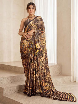 Akhilam - Women's Crepe Beige Printed Party Wear Saree With Unstitched Blouse
