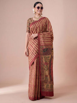 Akhilam - Women's Silk Blend Beige Digital Print Block Print Saree with Unstitched Blouse