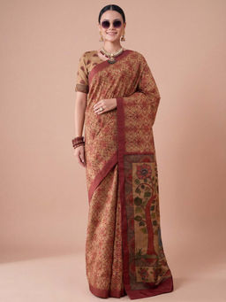 Akhilam - Women's Silk Blend Beige Digital Print Block Print Saree with Unstitched Blouse