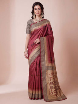 Akhilam - Women's Silk Blend Red Digital Print Tussar Saree with Unstitched Blouse