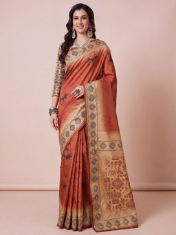 Akhilam - Women's Silk Blend Rust Digital Print Tussar Saree with Unstitched Blouse