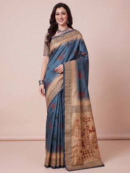 Akhilam - Women's Silk Blend Blue Digital Print Tussar Saree with Unstitched Blouse