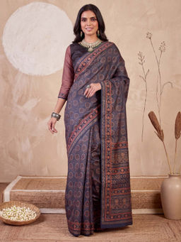 Akhilam - Women's Silk Blend Blue Digital Print Tussar Saree with Unstitched Blouse