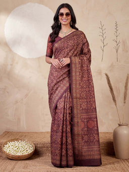Akhilam - Women's Silk Blend Maroon Digital Print Tussar Saree with Unstitched Blouse