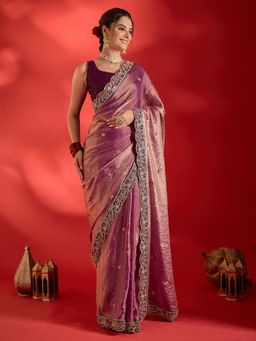 Akhilam - Women's Satin Purple Embellished Party Wear Saree with Unstitched Blouse