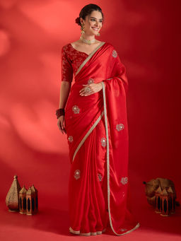 Akhilam - Women's Pure Georgette Red Embellished Party Wear Saree with Unstitched Blouse