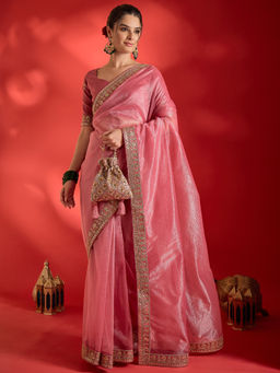 Akhilam - Women's Net Pink Embellished Party Wear Saree with Unstitched Blouse
