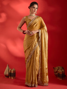 Akhilam - Women's Satin Mustard Embellished Party Wear Saree with Unstitched Blouse