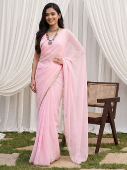 Akhilam - Women's Georgette Pink Solid Party Wear Saree With Unstitched Blouse